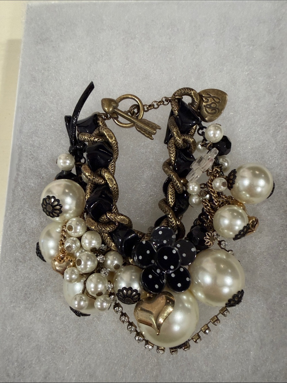 Betsey Johnson Black, Pearl & Gold Multi-Strand Charm Bracelet